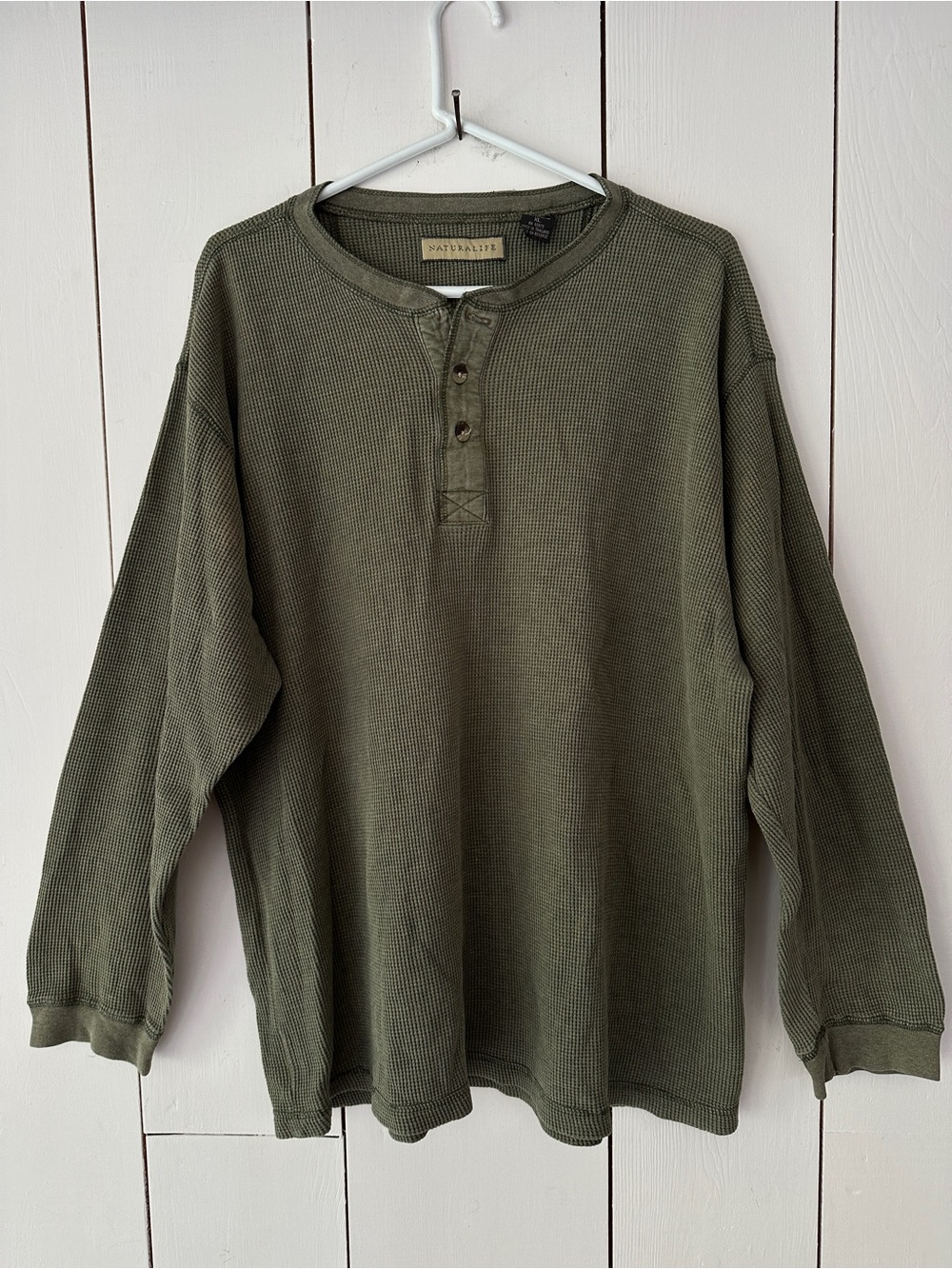 Vintage Naturalife Mens XL Waffle Knit Long Sleeve Henley Military Green